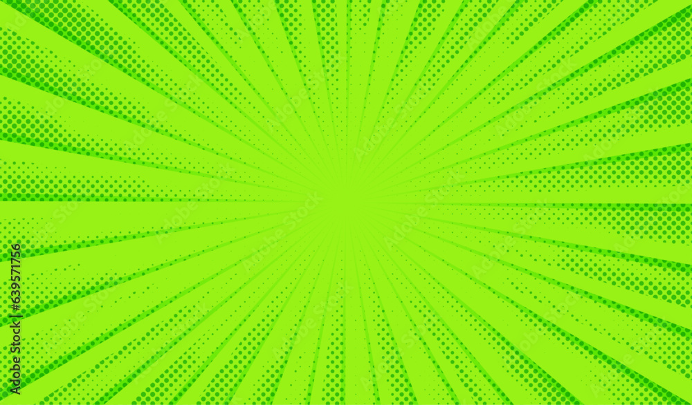 Fototapeta premium Green comic background. Art pop cartoon light green backdrop. Halftone effect pattern. Fun anime texture. Starburst manga style bg. Mark popart gradient. Bright abstract color. Vector illustration
