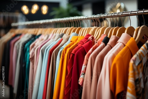 Clothes hang in a modern boutique, reflecting contemporary fashion at the clothing shop.