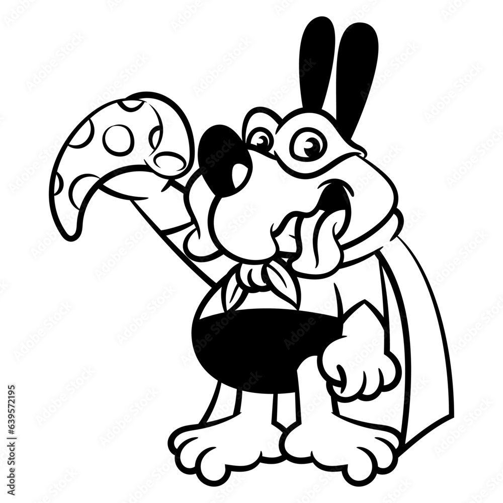Cartoon illustration of A Dog wearing mask, cape, and superhero costume. Show a Pizza slice with it's hand. Best for outline, logo, mascot, coloring book with fast food restaurant themes Cartoon illustration of A Dog wearing mask, cape, and superhero costume. Show a Pizza slice with it's hand. Best for outline, logo, mascot, coloring book with fast food restaurant themes