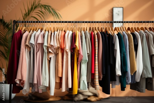 Contemporary clothing boutique showcases modern clothes on hangers in stylish arrangement.