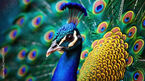 Colorful and exotic peacock close-up, beautiful animal in nature. Created with Generative Ai technology.