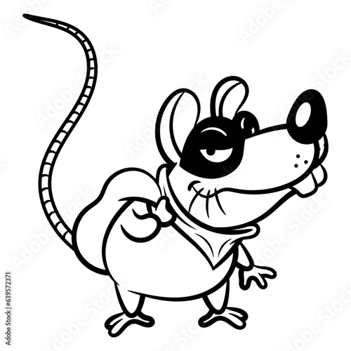 Cartoon illustration of A Little mouse wearing mask and scarf. carrying a bag of money. Best for outline, logo, mascot, and coloring book with corruption themes