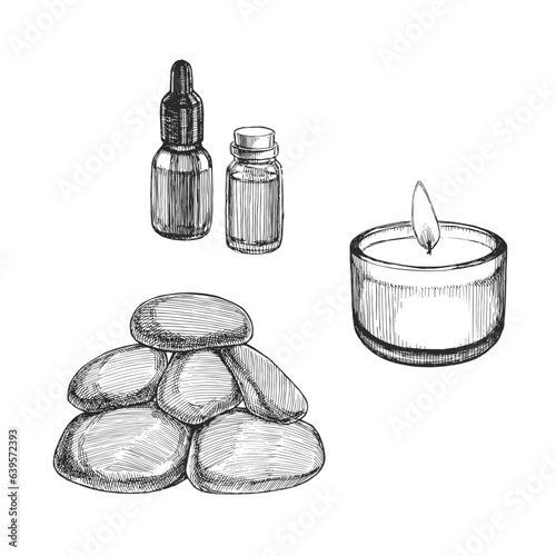Vector hand-drawn set of accessories for massage and aromatherapy isolated on white. Sketches with oil, burning candle and stones. Spa salon elements.