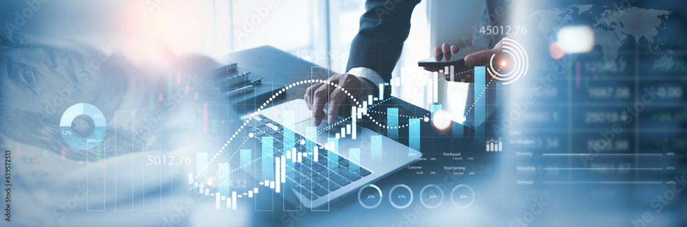 Business data and stock market analysis, currency exchange. Businessman analyzing financial graph, forex chart, economic growth, business finance and investment background - obrazy, fototapety, plakaty 