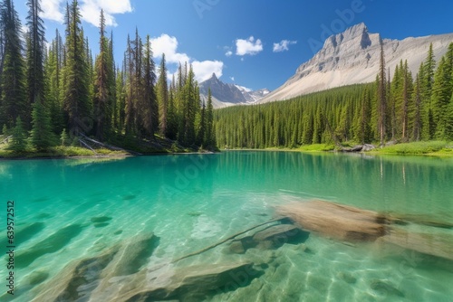 Banner-sized image of beautiful emerald lake in Yoho National Park, Canada. Generative AI