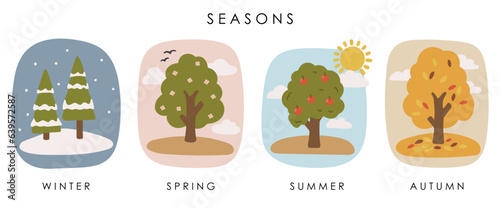 Seasons landscape set vector, abstract season tree vector, seasons illustration, plants vector