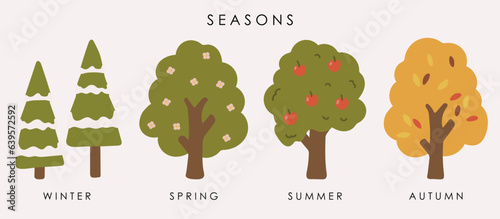 Seasons landscape set vector, abstract season tree vector, seasons illustration, plants vector