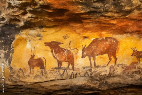 Colorful ancient sandstone with prehistoric Lascaux-style paintings. Generative AI