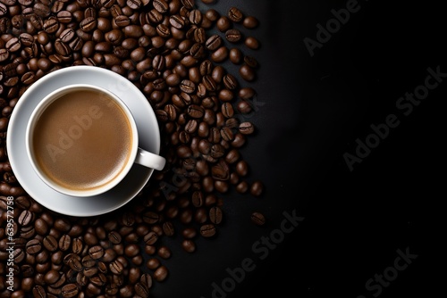 top view coffee cup and coffee beans on dark table background with copy space 