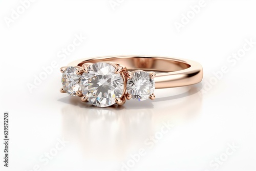 Close-up 3D rendering of rose gold three-stone diamond ring, isolated on white. Generative AI