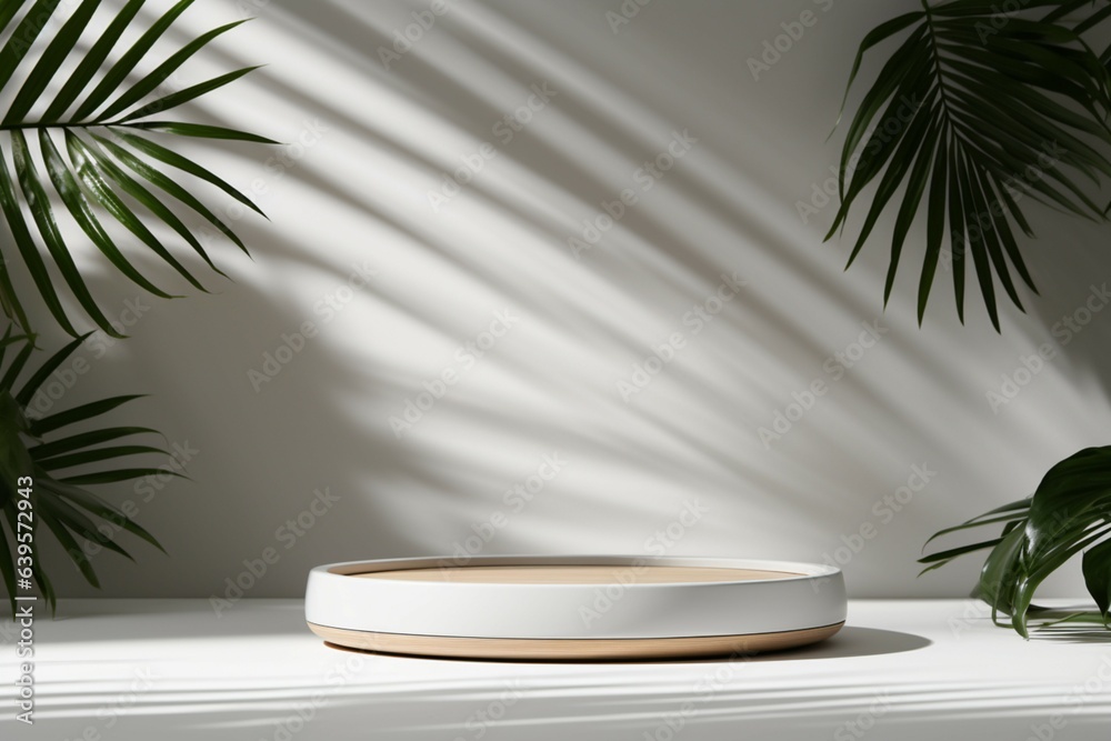 Minimalistic 3D white room, whitewood pedestal, palm shadow, abstract showcase with realism.