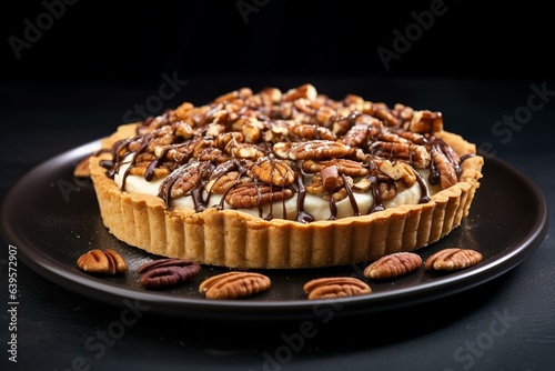 Tasty tart topped with pecans on a stylish gray plate and set against a dark backdrop. Generative AI