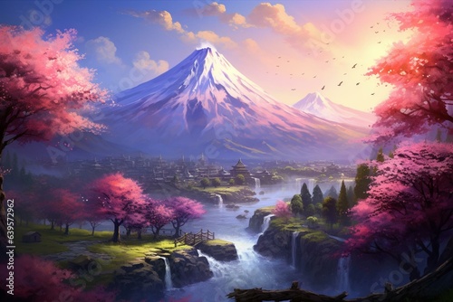 Anime-style landscape featuring Mount Fuji, cherry blossom trees, and a river. Generative AI