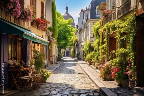 A charming street in the Montmartre quarter of Paris with iconic architecture and landmarks. A picturesque postcard destination. Generative AI © Mendel