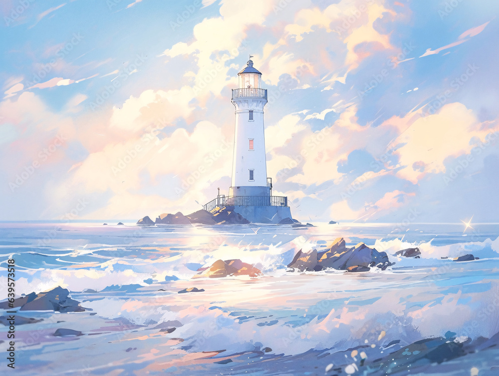 blue sea waves, lighthouse illustration by the sea