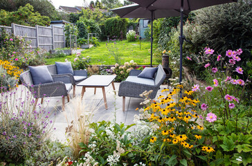 Garden furniture on the terrace on summer day