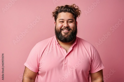 Happy young man with overweight and beard isolated on a pink background, looks into the camera and smiles. Fat guy in a pink shirt © Marpa