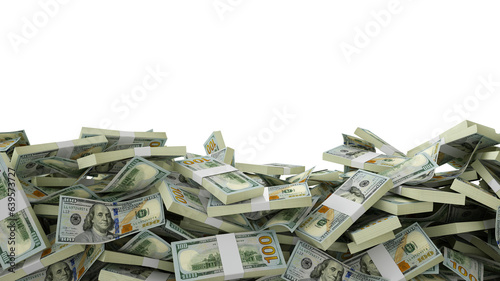 3D rendering of A lot of stacks of US dollar notes spread at the on bottom of screen. 3d rendering