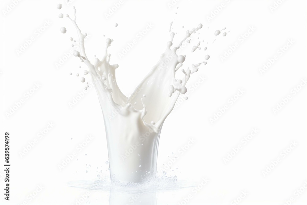 Milk bottle with splashing milk, isolated on white. Generative AI