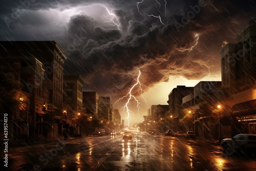 A destructive storm with a tornado, lightning, and hail ravaging a bustling city street. Generative AI