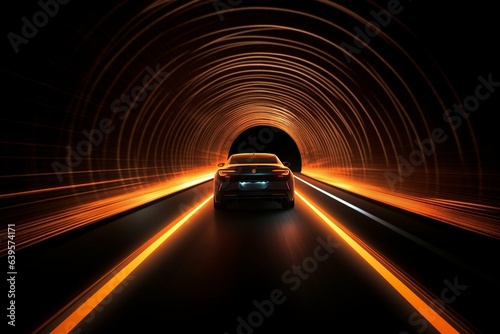 A car moves through a bright tunnel with an orange streak and black background, outlined in white. Generative AI