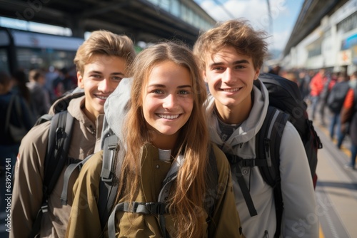 Friends - girl and two boys, with backpacks at railway station waiting for train. Smiling teens tourists or students ready for trip.