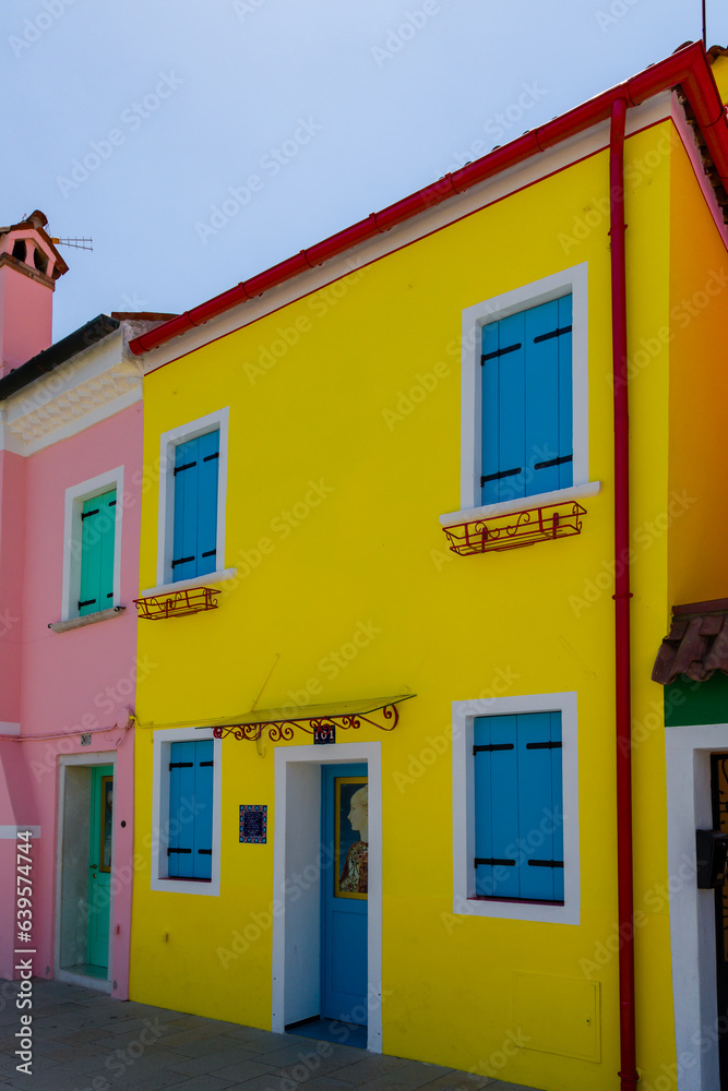 Brightly colored buildings on the Italian island of Burano in the Venetian Lagoon near Venice