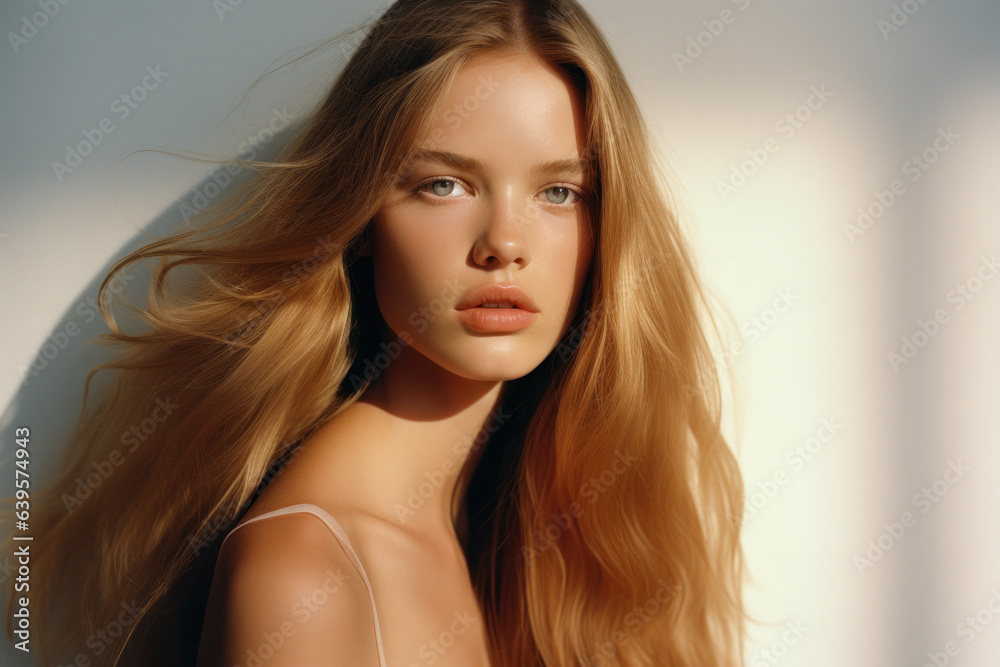 portrait of a woman/model/book character in a close up with long blonde red hair in a fashion/beauty editorial advertisement magazine style film photography look redhead - generative ai art portrait of a woman/model/book character in a close up with long blonde red hair in a fashion/beauty editorial advertisement magazine style film photography look redhead - generative ai art