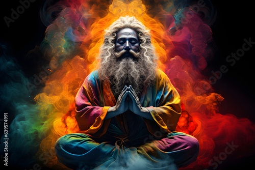 Colorful image of a man in the meditation pose with white hair and beard, with multicolor smoke emanating behind him, set against a black background. 