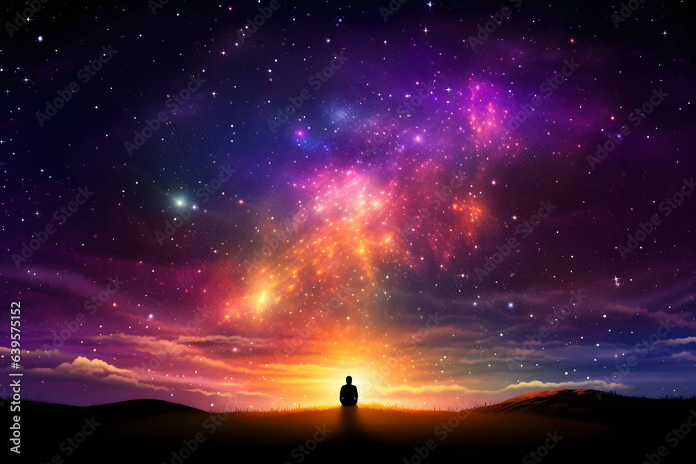 An image depicts a man meditating alone in the midst of an astral and spectral environment. This scene captures his serene connection with a surreal and otherworldly realm.