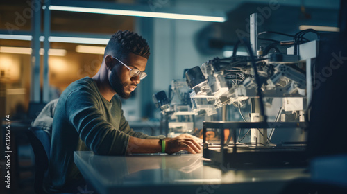 An engineer prints a prototype model on a 3d printer in a laboratory using equipment. Creativity, technology and 3d printing concept.