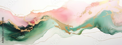 Panel kuchenny z motywem Banner with fluid art texture. Backdrop with abstract mixing paint effect. Liquid acrylic artwork that flows and splashes. Mixed paints for interior poster. Emerald green, gold and white colors 