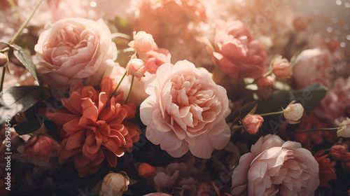Pink and red flowers wallpaper. Vintage floral background. AI