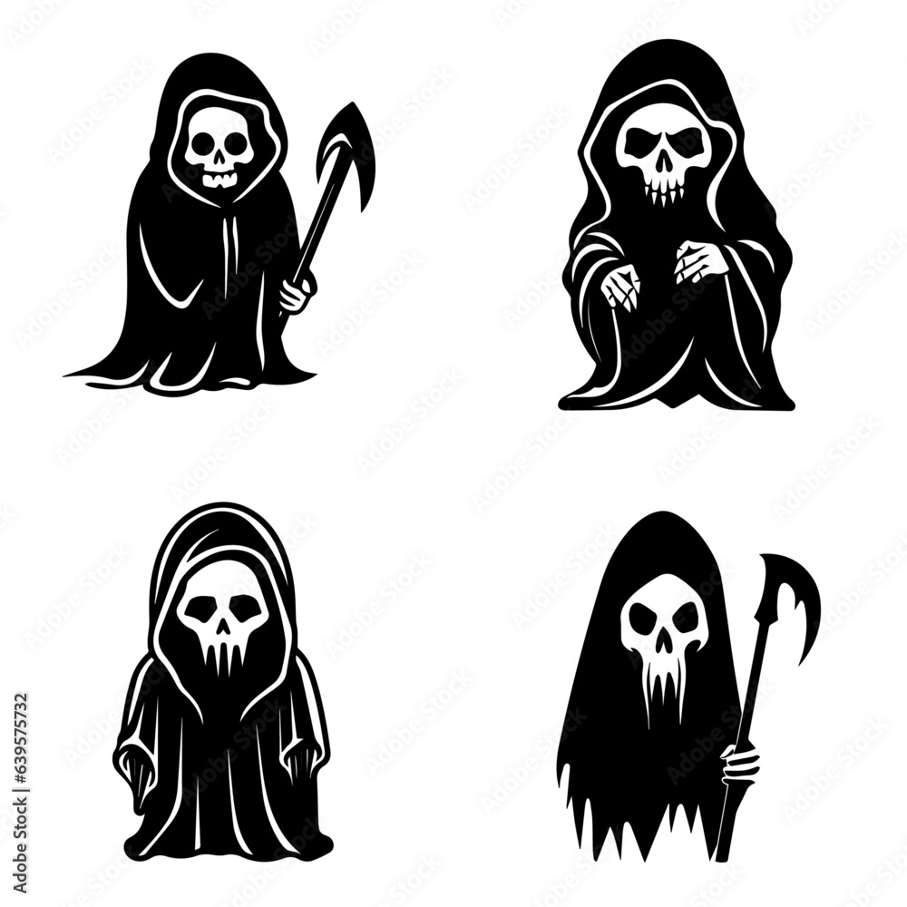 Obraz premium Collection of simple flat Grim Reaper vector. Halloween Grim Reaper cartoon. Cartoon spooky character