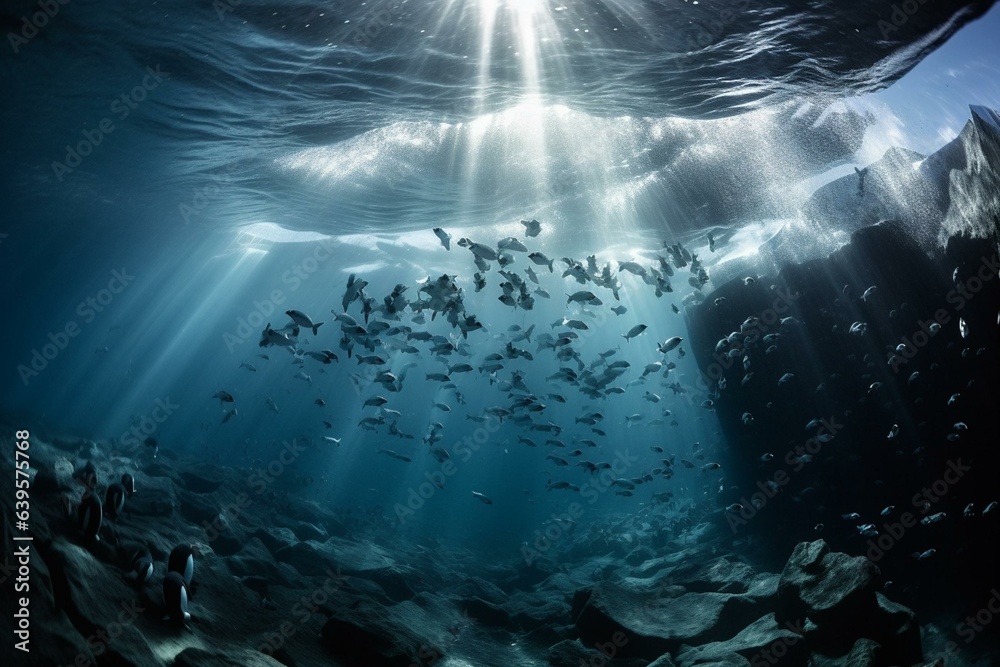 Stunning photo of icy underwater scenery teeming with penguins, fish, and icebergs. Generative AI