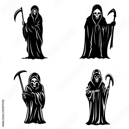 Collection of simple flat Grim Reaper vector. Halloween Grim Reaper cartoon. Cartoon spooky character