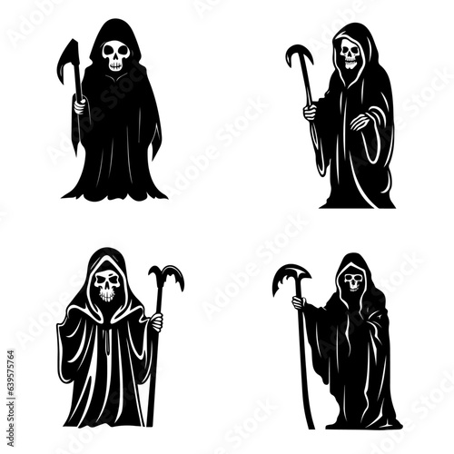Collection of simple flat Grim Reaper vector. Halloween Grim Reaper cartoon. Cartoon spooky character