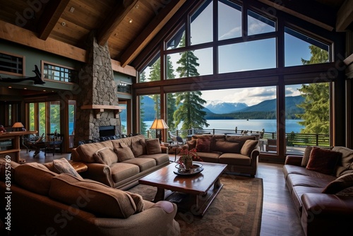 A luxurious mountain lake vacation home with breathtaking views and comfortable seating. Generative AI