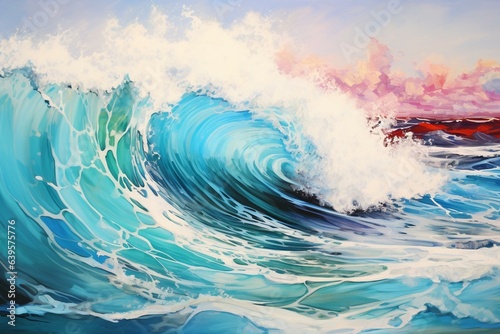 Contemporary art piece depicting a beach with vibrant waves. Generative AI