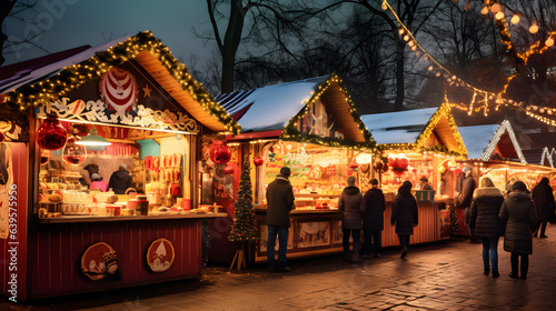 Obraz na płótnie An outdoor Christmas market bustles with stalls selling crafts and treats