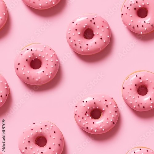 Donuts seamless pattern with icing on pastel pink background. Sprinkled sweet and colourful glazed doughnut. Flat lay. Vertical food concept