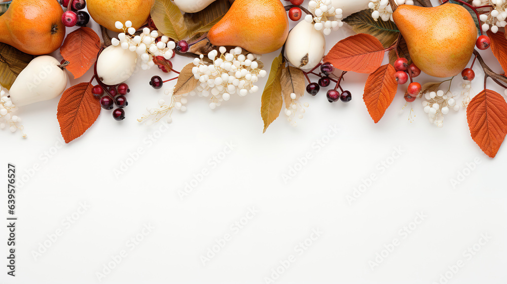 Naklejka premium Autumn floral frame, web banner, Garland of berry eucalyptus leaves, branches, pear fruit. Generative Ai