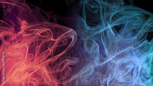 Color smoke abstract background. Cold and hot contrast. Defocused blue red contrast. Vapor floating cloud texture. Generative AI