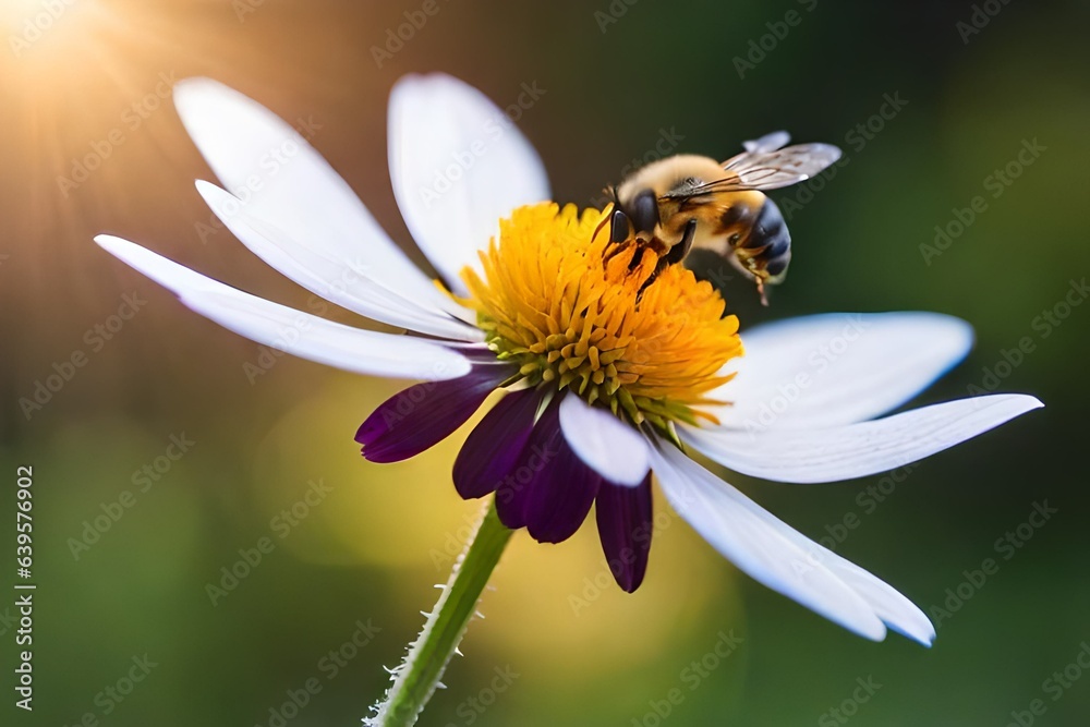 A close-up of a bee hovering over a flower, with the sun shining down on the bee and flower in the background A close-up of a bee hovering over a flower, with the sun shining down on the bee and flower in the background