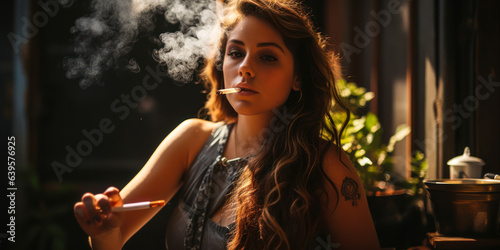 Cannamoms concept. Portrait of Mother smoking cannabis