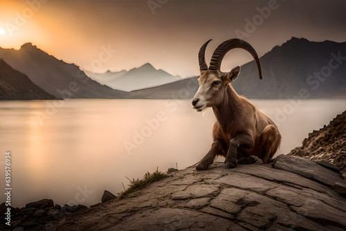 mountain goat on the mountain on the bank of river