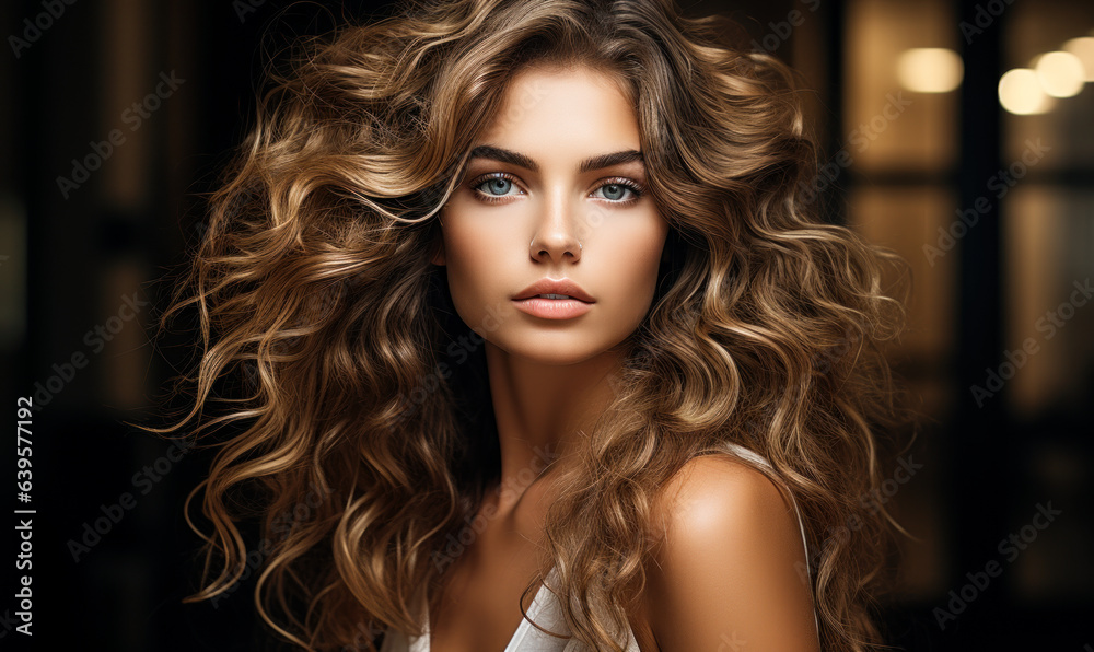 Fototapeta premium Modern Beauty with Long Curly Hair in Close Up Portrait