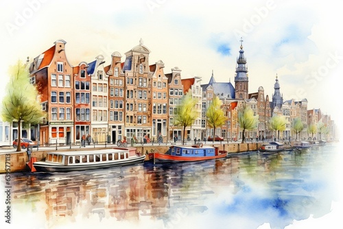 Watercolor depiction of historical sites in Amsterdam, Netherlands. Generative AI