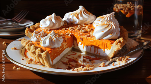 Pumpkin pie with whipped cream, Bright color. Generative Ai photo