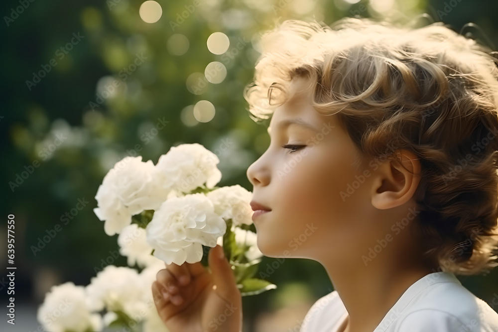 Portrait of cute kid smelling a flower in a summer day park, beauty and child smell flower in park, enjoying weekend - obrazy, fototapety, plakaty 
